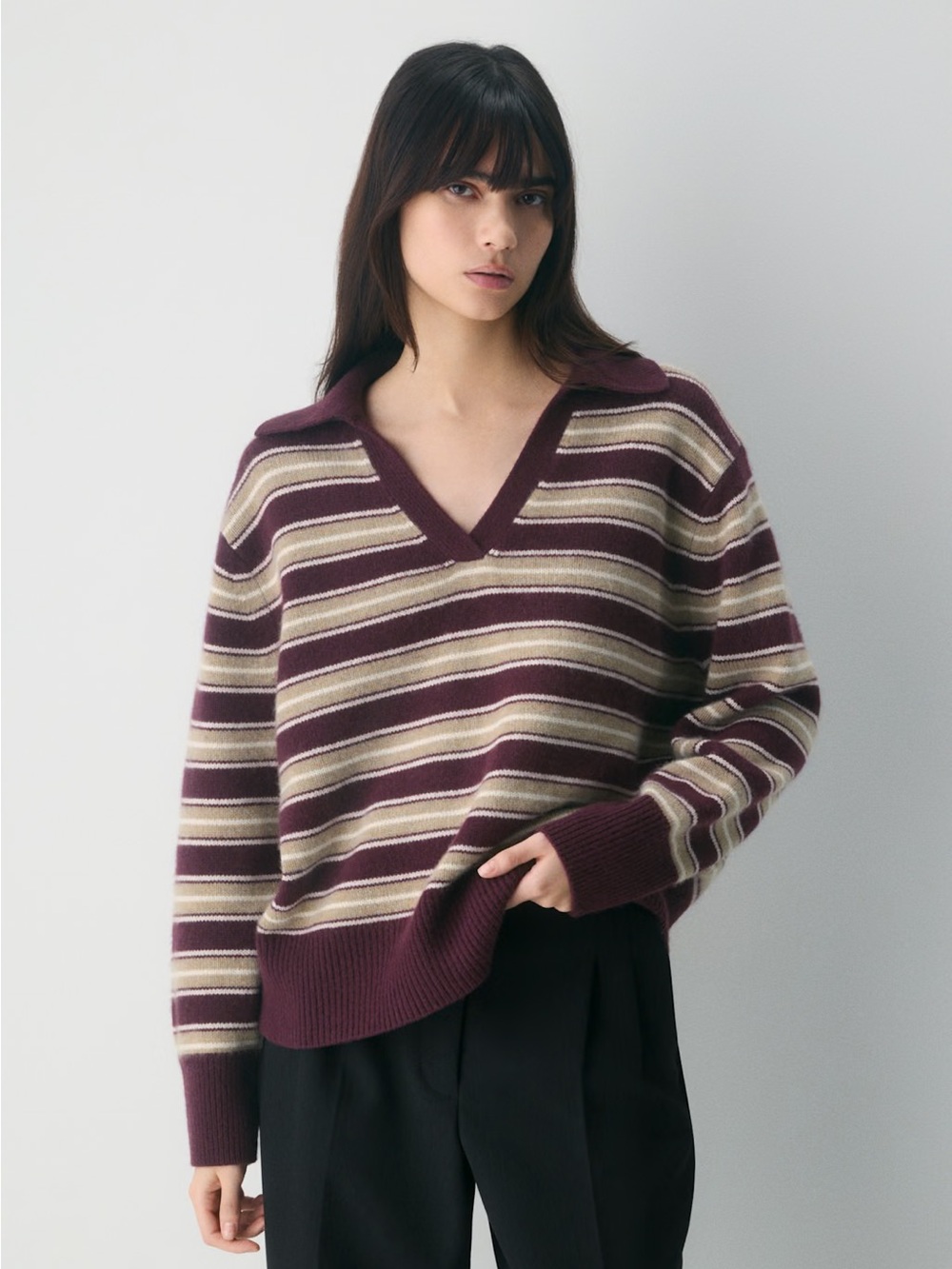 Aritzia Striped V-Neck Cashmere Sweater in Burgundy & Cream